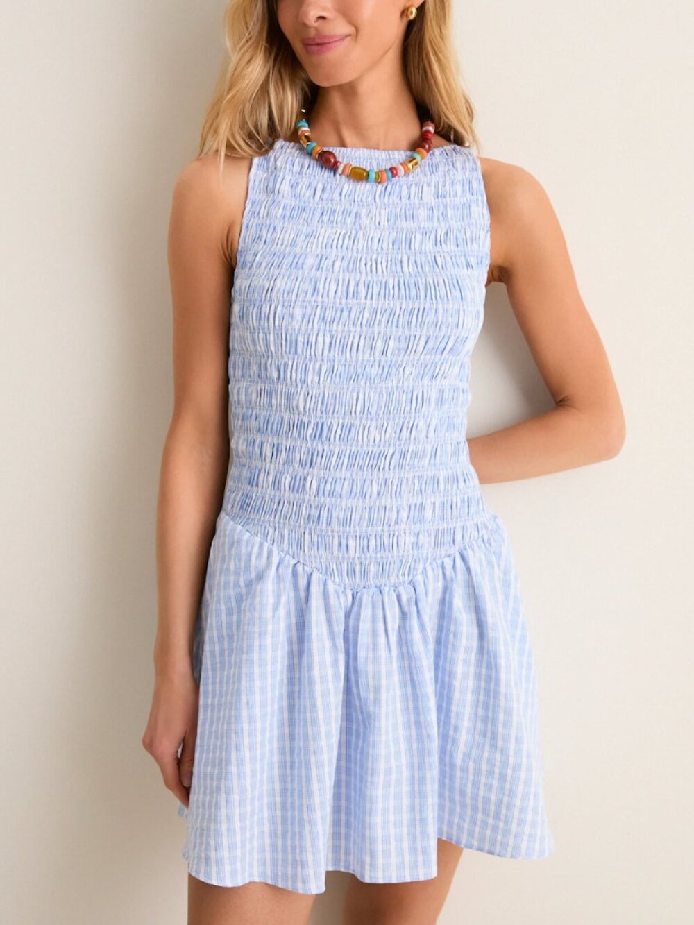 Faithfull Martina Mini Dress Smocked Drop Waist Gingham Dress, Size XS